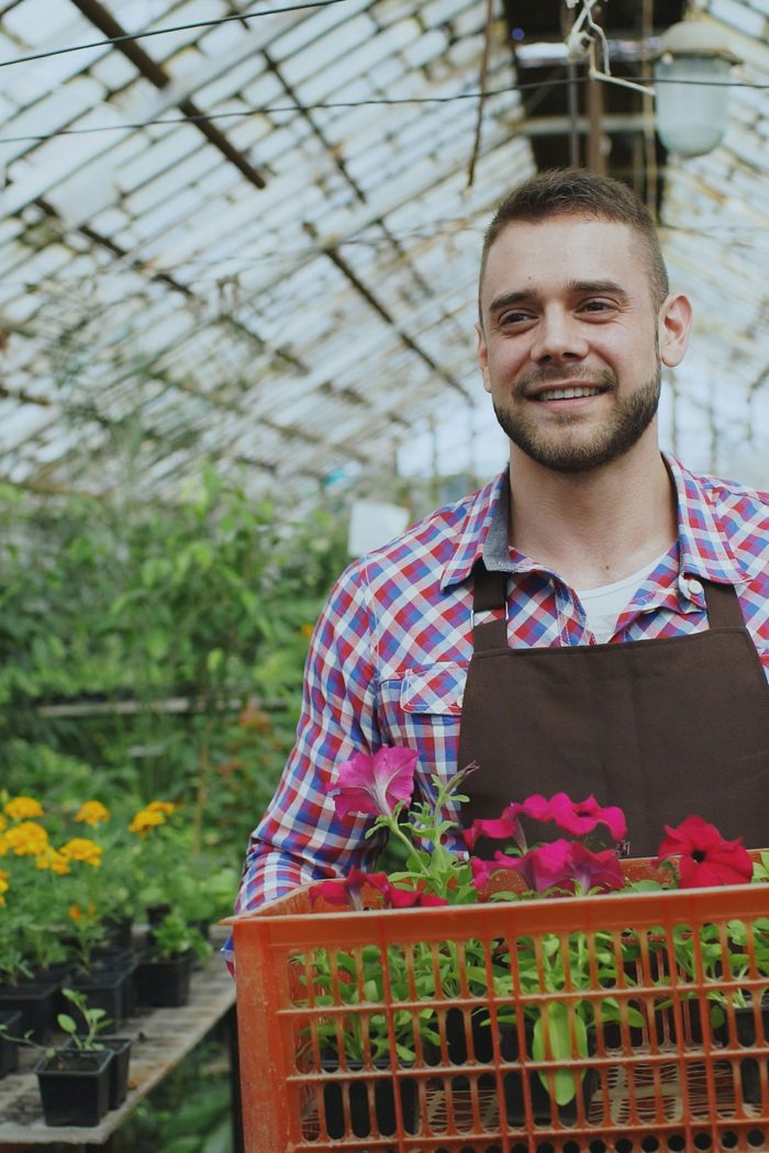 Merchant credit card advance loans for seasonal businesses: a garden centre worker carrying a crate of flowering plants