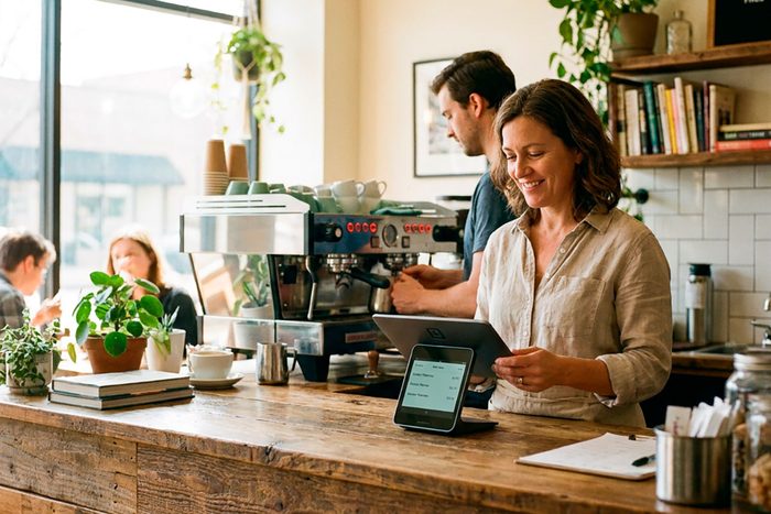 A café owner checks the morning’s orders on a counter tablet while a colleague works the espresso machine behind her.