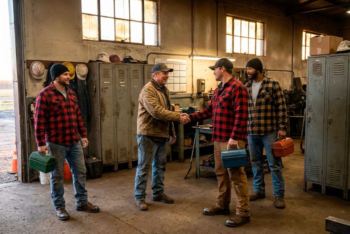 A foreman shakes hands with an arriving crew member at shift change in a workshop, three others waiting with toolboxes.
