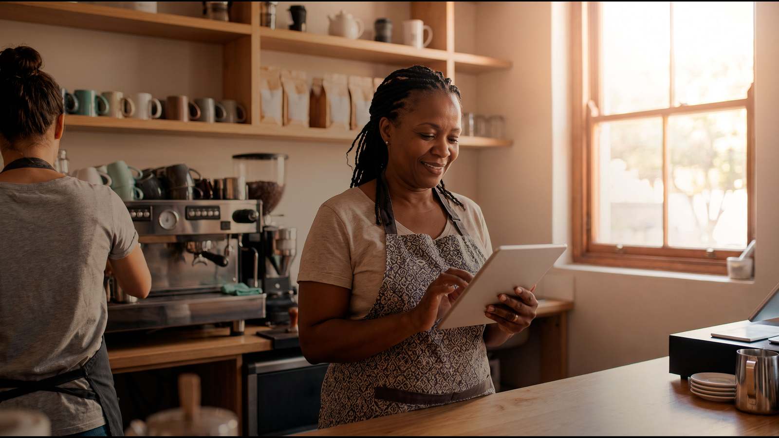 Apply for merchant cash advance: a café owner checking orders on a tablet behind her counter